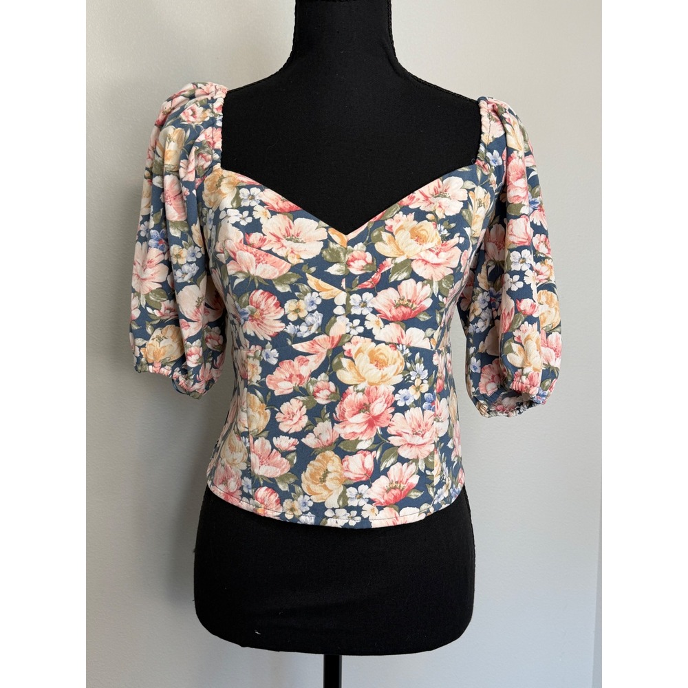 Abercrombie & Fitch Floral Puff Sleeve Smocked Back Crop Top Blue Pink M